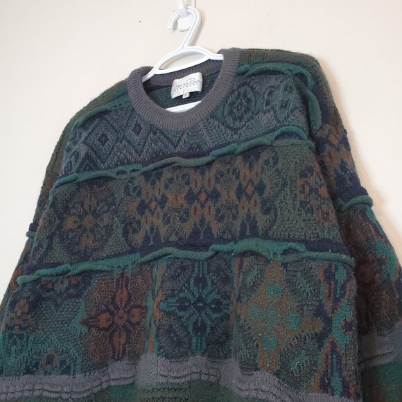 Vintage 90s 3D Knit Patterned Chunky Sweater Green Size L - Picture 3 of 4